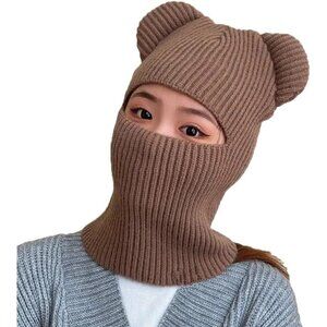 Women's Coffee Winter Hat Warm Hooded Scarf Hat Balaclava Knit Skull Beanie